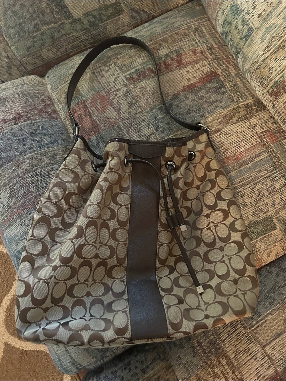 Coach Tan/Brown Signature Canvas Drawstring Shoulder Bag